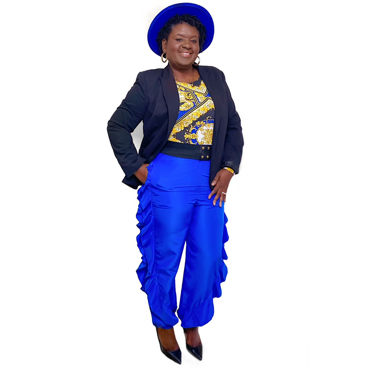 Royal Blue Jogger Pants with Side Ruffles - Changing Room Boutique