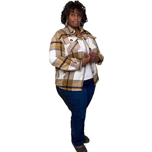 "Caramel Candy" Plaid Fleece Shacket - Changing Room Boutique